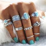 Retro totem flower turquoise 10-piece joint combination ring
