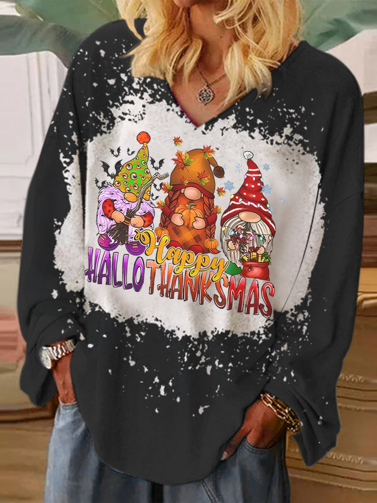Happy Hallothanksmas Holiday Gnomes Tie Dye V-neck Shirt