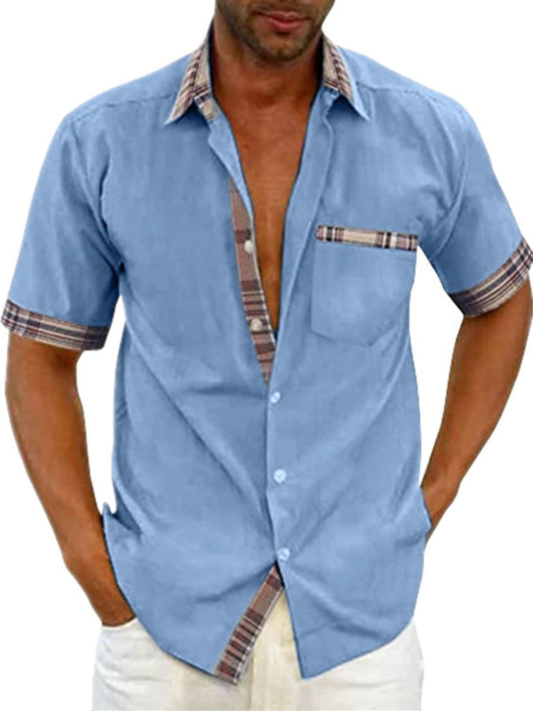 Casual Short Sleeve Plaid Collar Button Down Men Shirt
