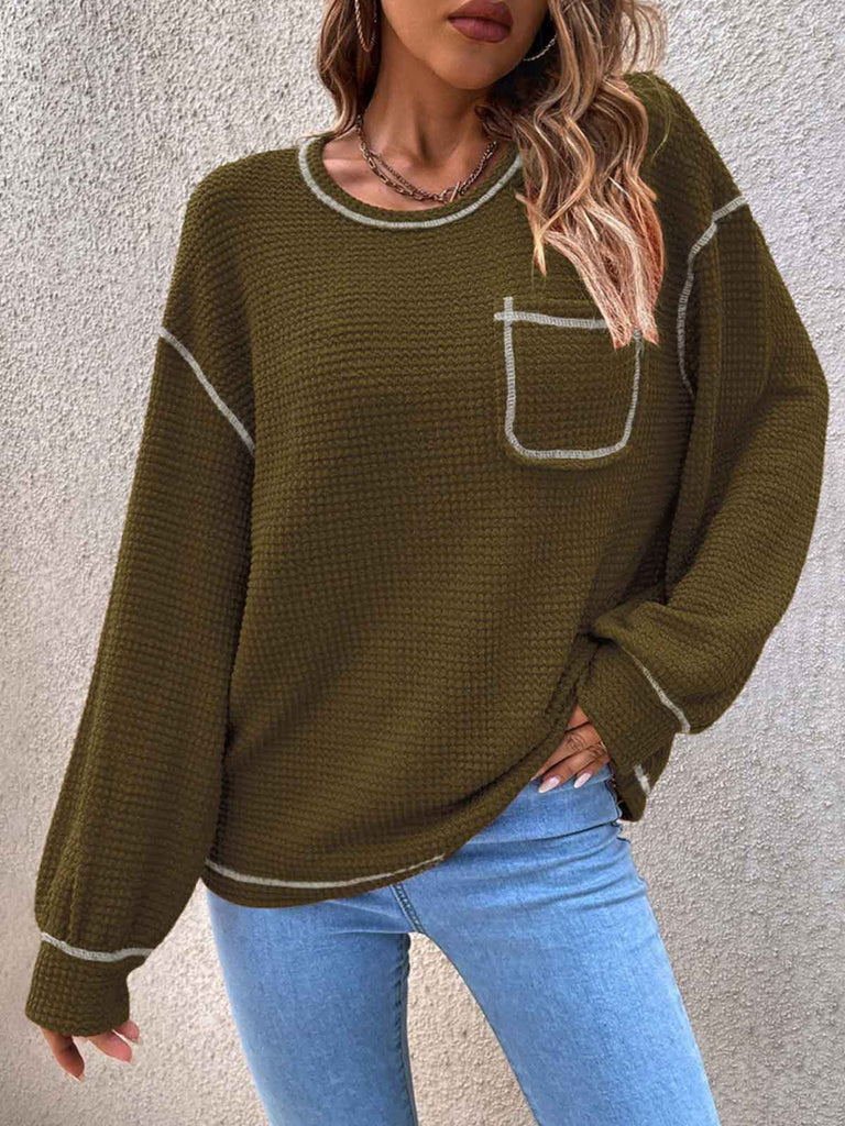 Solid Color Knit Pullover Sweater with Pocket