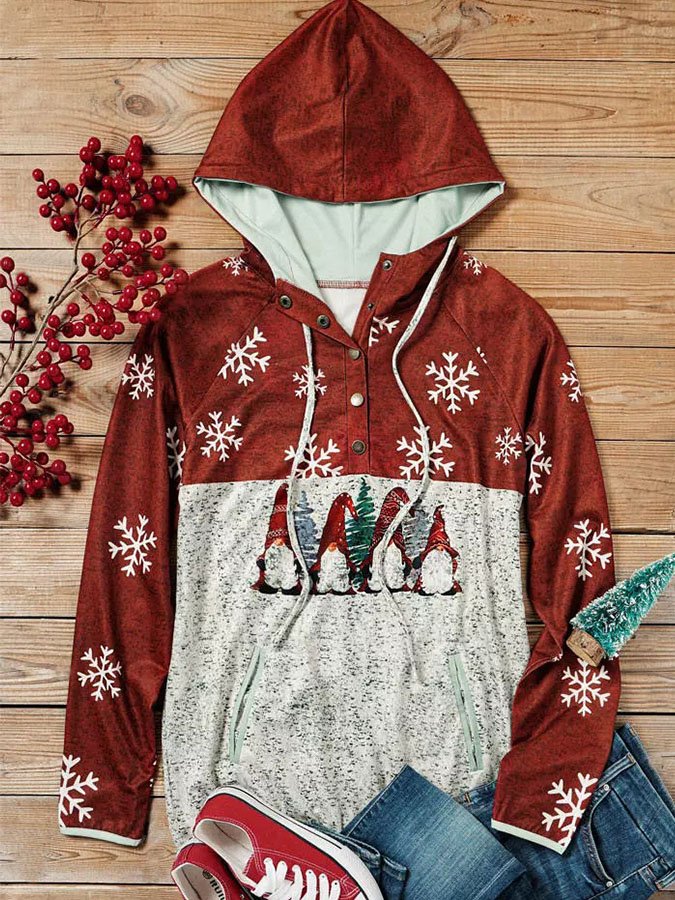 Christmas Gnome Hooded Snowflake Long Sleeve Sweatshirt
