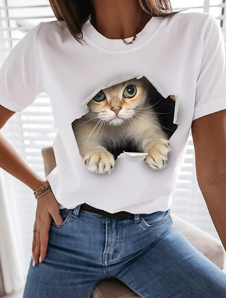 Funny Tee Shirt White Black Graphic Cat Print