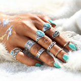 Retro totem flower turquoise 10-piece joint combination ring