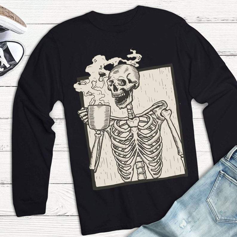 Halloween Coffee Drinking Skeleton Sweatshirt