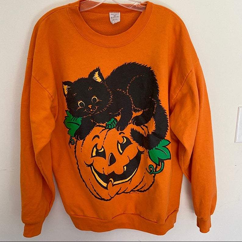 Pumpkin and Black Cat Halloween Sweatshirt