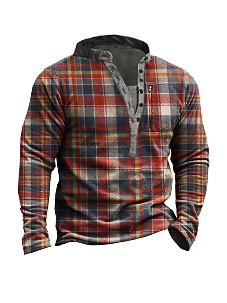 Retro Plaid Outdoor Henley Collar Tactical Sweatshirt