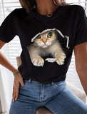 Funny Tee Shirt White Black Graphic Cat Print